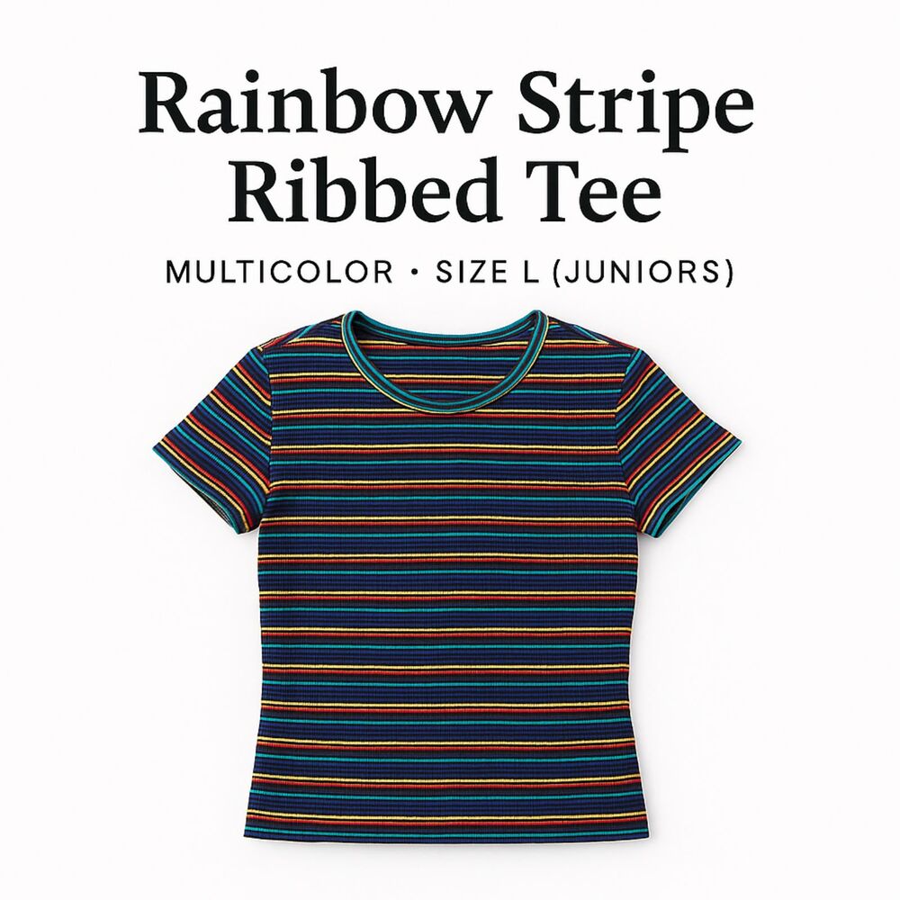 Rainbow Stripe Ribbed Tee – Multicolor Fitted Top (Juniors L)